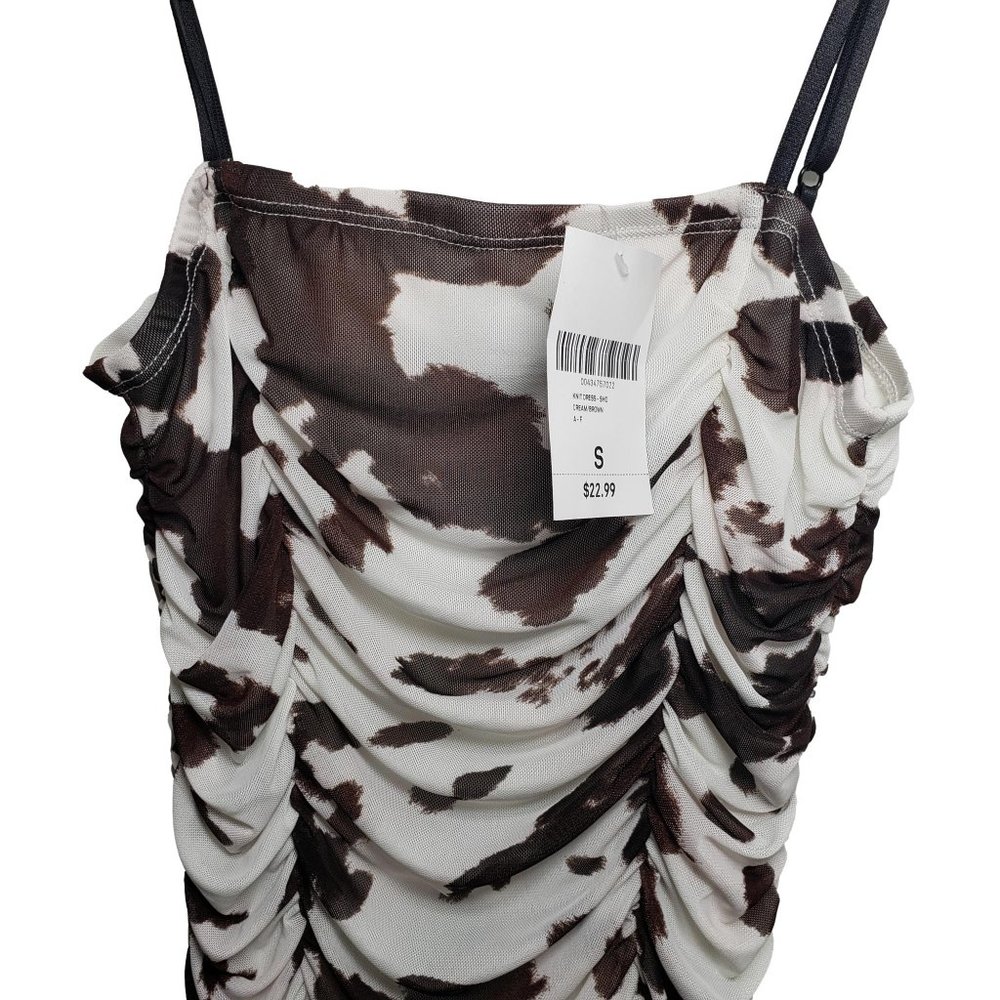 BROWN COW PRINT MESH RUCHED MINI DRESS NEW size SMALL